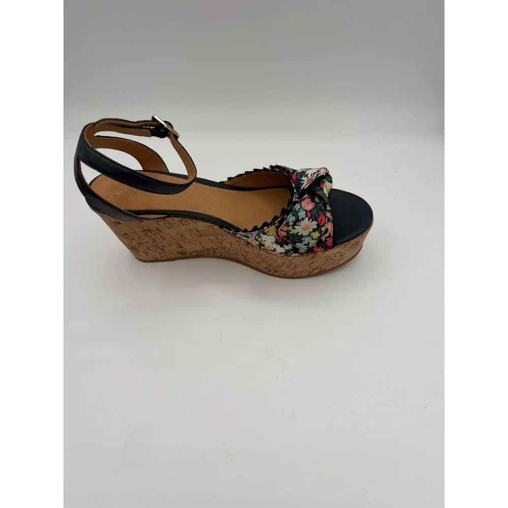 Jack Rogers Floral‎ Cork Wedge Sandals Navy Blue Leather Ankle Strap Platform 10